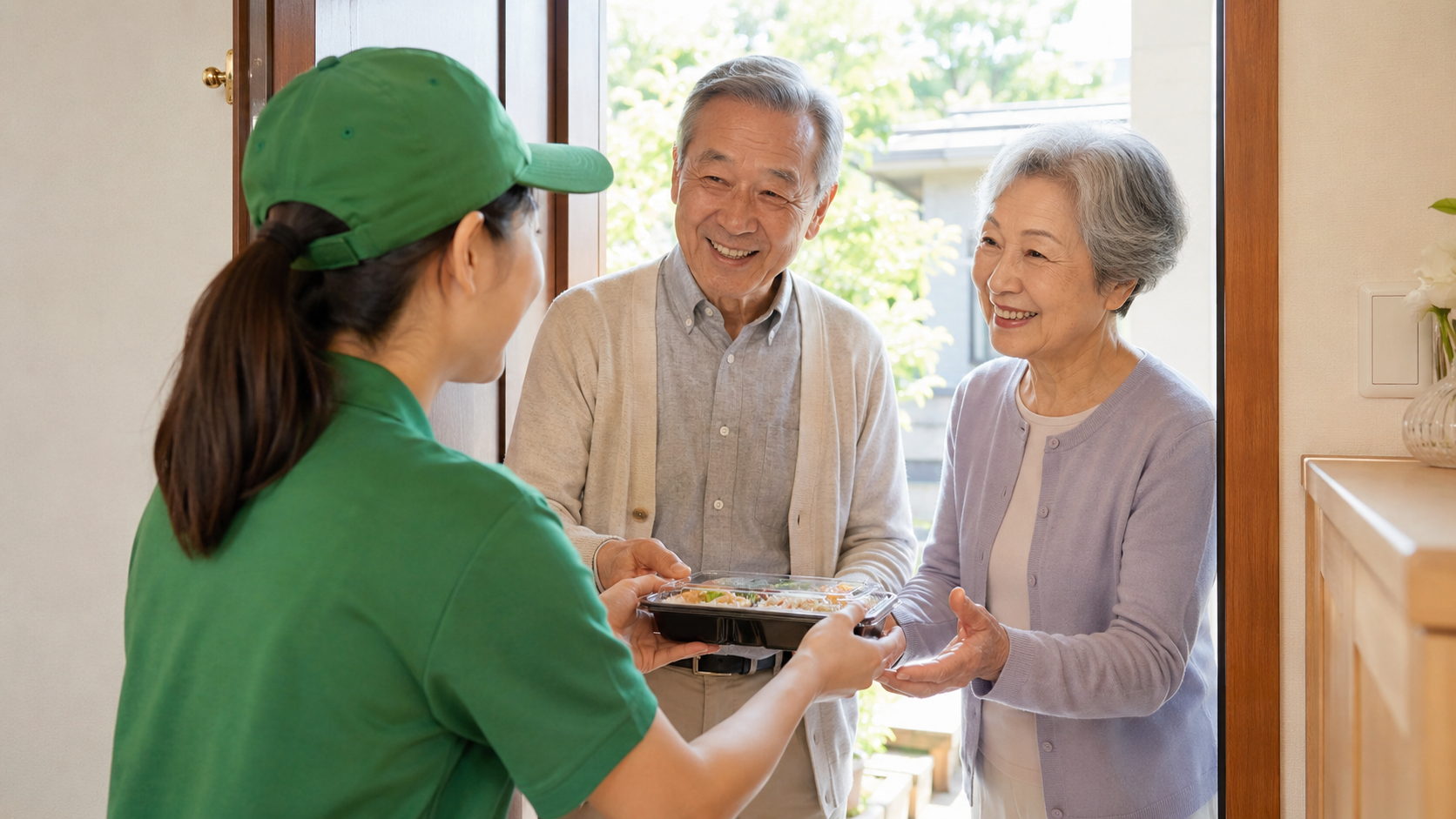 配達スタッフが高齢者夫婦へ食事を手渡す様子